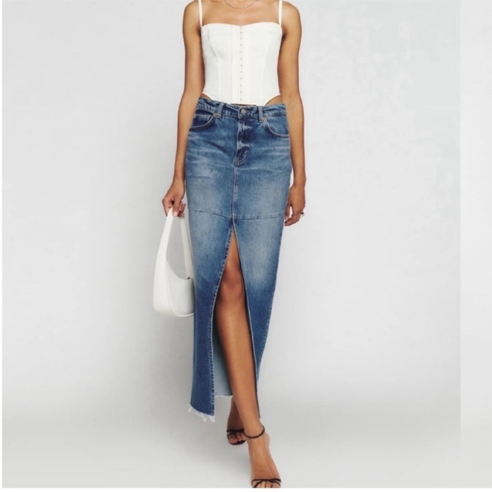 NEW Reformation Tazz Maxi Denim Jean Skirt in Hemlock Size 26